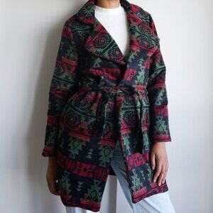 Red Green Aztec Pattern Peacoat | Cozy Red and Green Aztec Pattern Lined Jacket